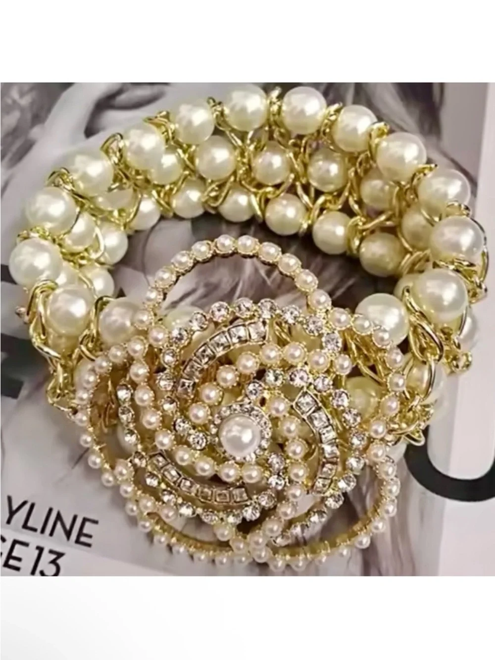 Gold Pearl & Crystal Floral Statement Bracelet